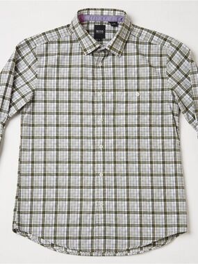 Hugo Boss Green and White Plaid Dress Shirt